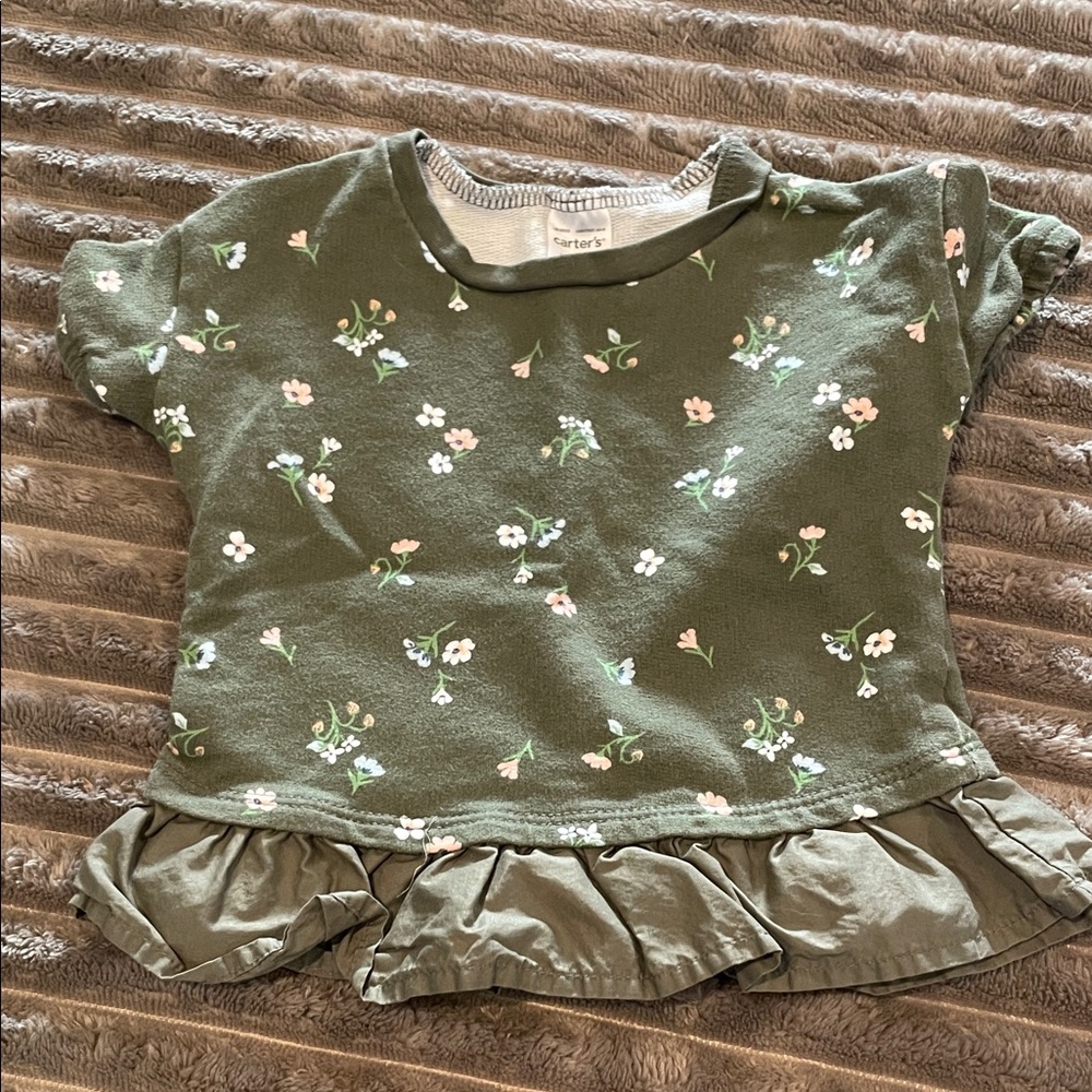 Carter's Olive Green Floral Ruffle-Hem Short Sleeve Top